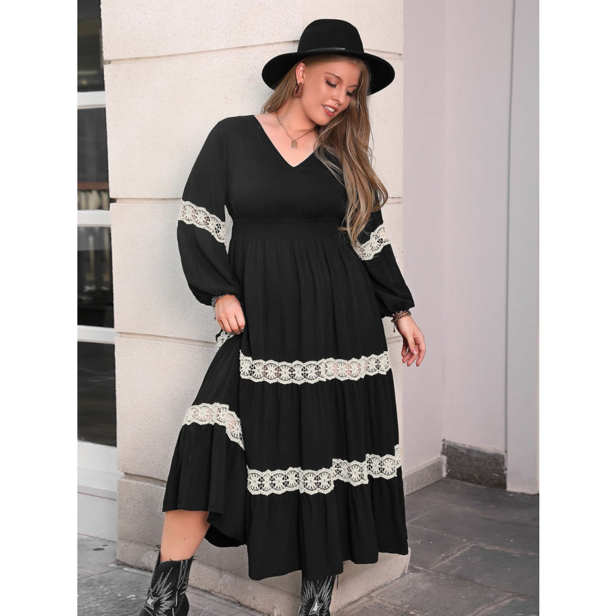 Plus Size Lace Detail V-Neck Long Sleeve Midi Dress Black / 0XL Apparel and Accessories