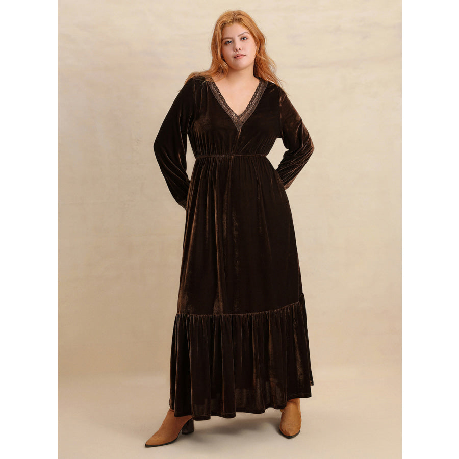 Plus Size Lace Detail V-Neck Long Sleeve Midi Dress Dark Brown / 0XL Apparel and Accessories