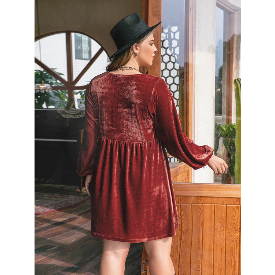 Plus Size Lace Detail V-Neck Long Sleeve Mini Dress Apparel and Accessories