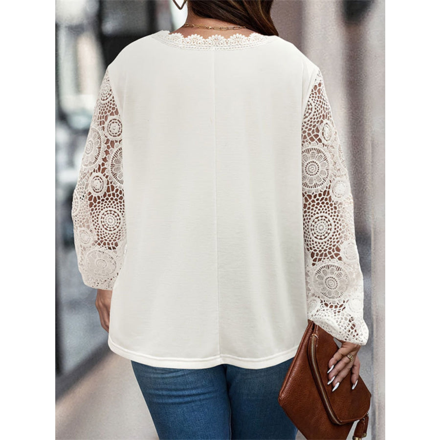 Plus Size Lace Detail V-Neck Long Sleeve T-Shirt Apparel and Accessories