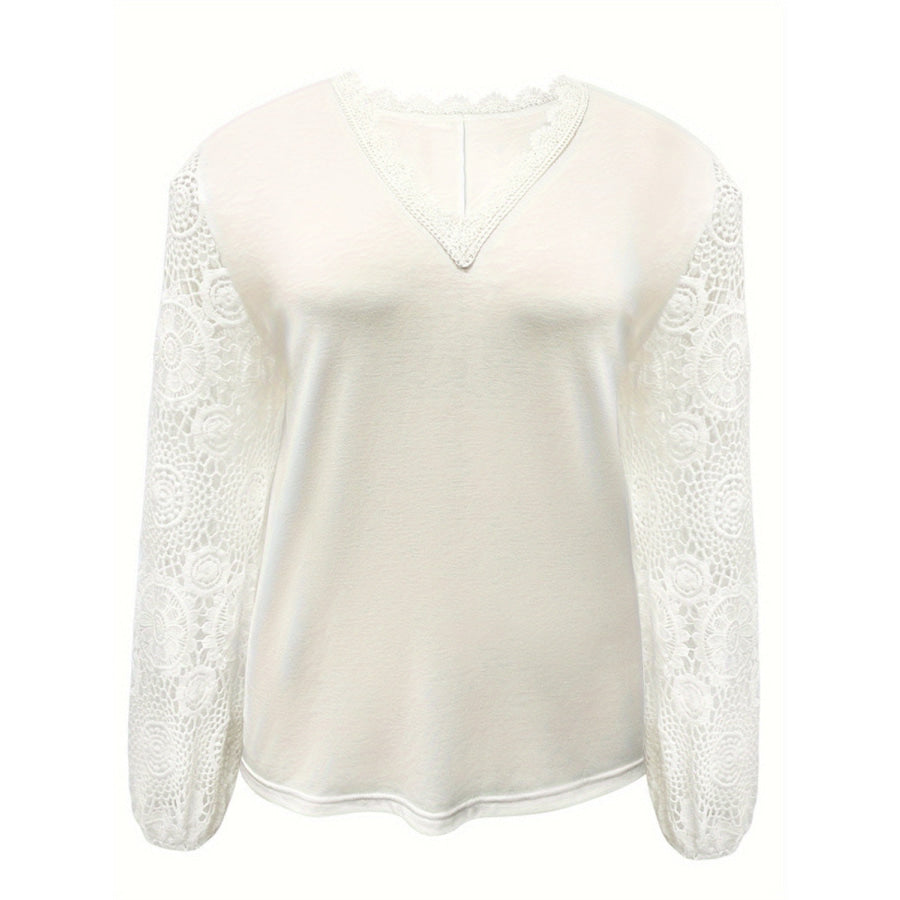 Plus Size Lace Detail V-Neck Long Sleeve T-Shirt Apparel and Accessories