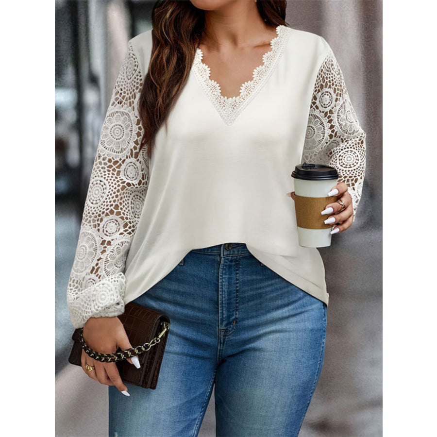 Plus Size Lace Detail V-Neck Long Sleeve T-Shirt White / XL Apparel and Accessories