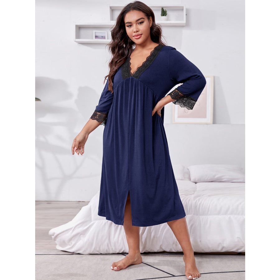 Plus Size Lace Detail V-Neck Lounge Dress Apparel and Accessories