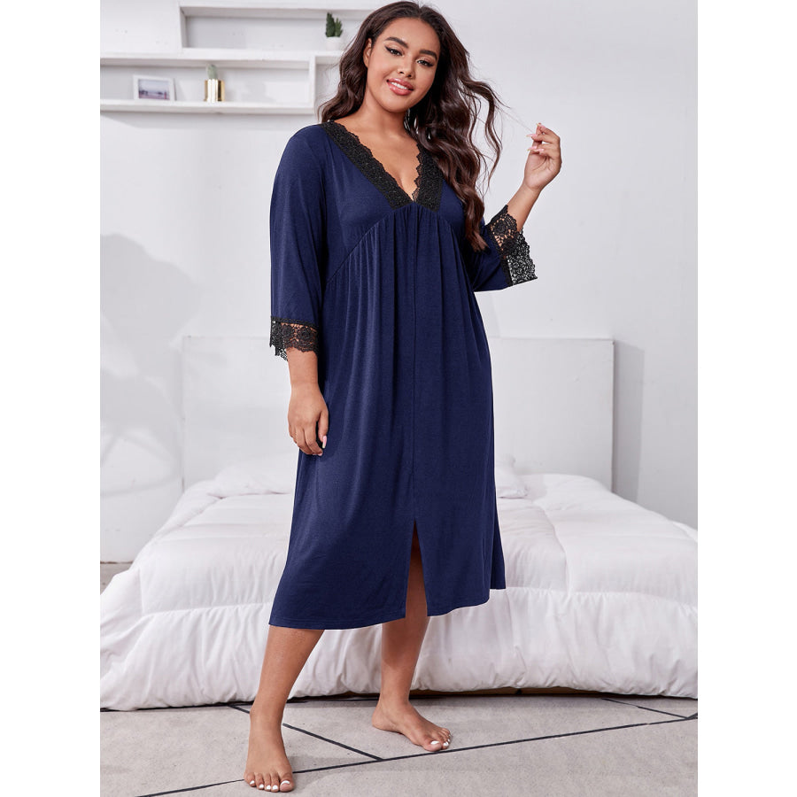 Plus Size Lace Detail V-Neck Lounge Dress Apparel and Accessories