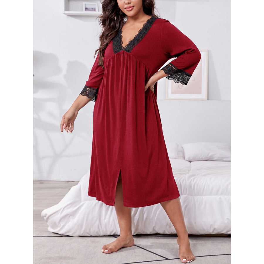 Plus Size Lace Detail V-Neck Lounge Dress Deep Red / 1XL Apparel and Accessories