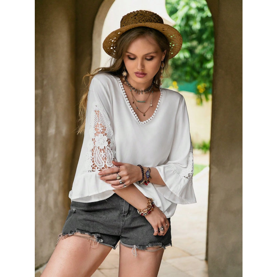 Plus Size Lace Detail V-Neck Three-Quarter Sleeve Blouse Apparel and Accessories