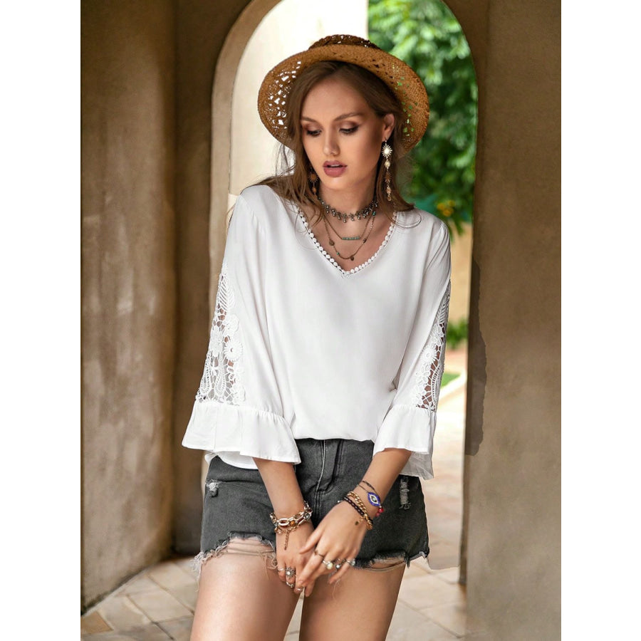 Plus Size Lace Detail V-Neck Three-Quarter Sleeve Blouse Apparel and Accessories