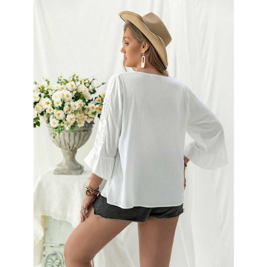 Plus Size Lace Detail V-Neck Three-Quarter Sleeve Blouse Apparel and Accessories