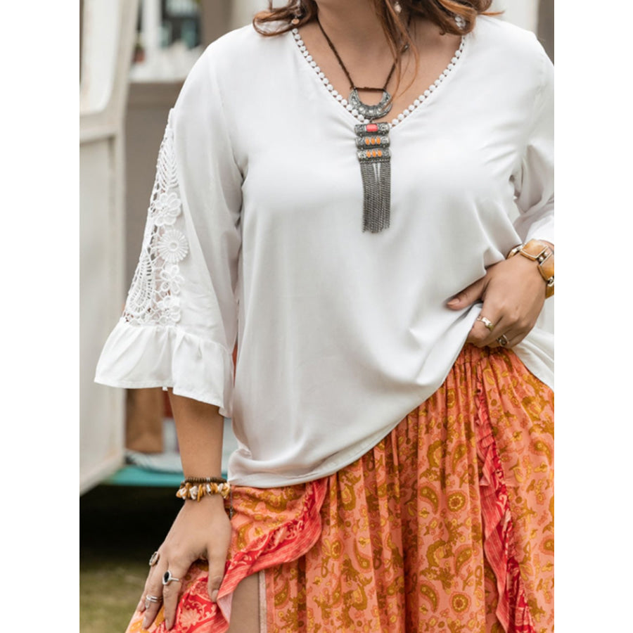 Plus Size Lace Detail V-Neck Three-Quarter Sleeve Blouse White / 0XL Apparel and Accessories