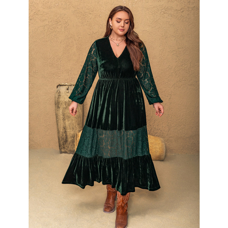 Plus Size Lace Patchwork V-Neck Balloon Sleeve Midi Dress Apparel and Accessories