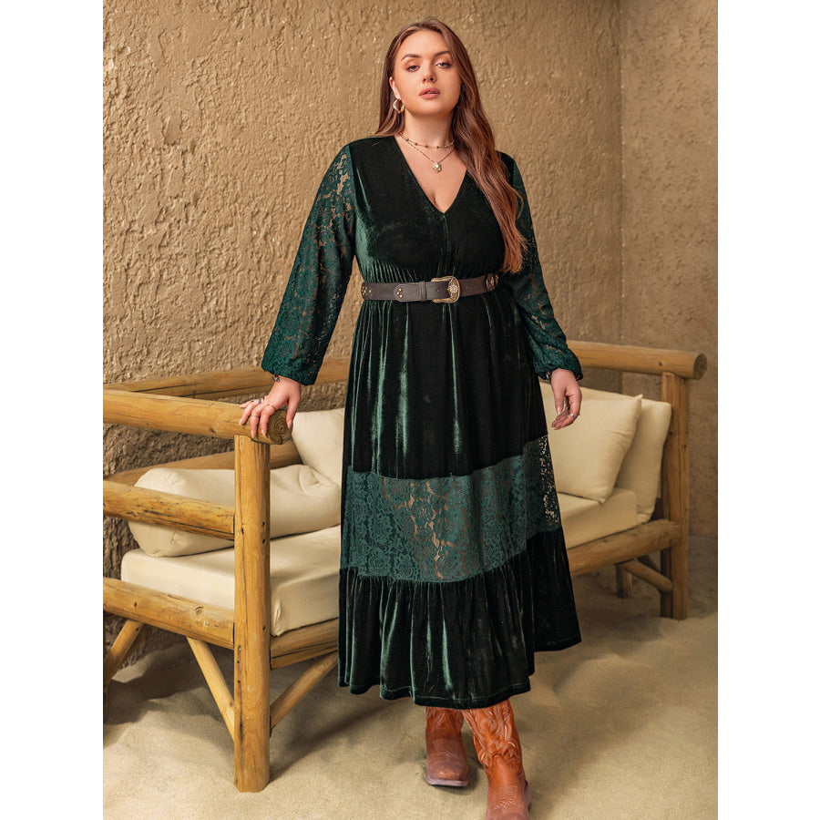 Plus Size Lace Patchwork V-Neck Balloon Sleeve Midi Dress Apparel and Accessories