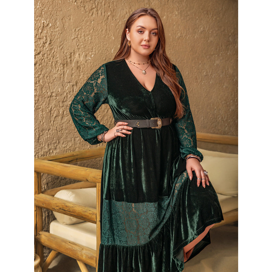 Plus Size Lace Patchwork V-Neck Balloon Sleeve Midi Dress Apparel and Accessories