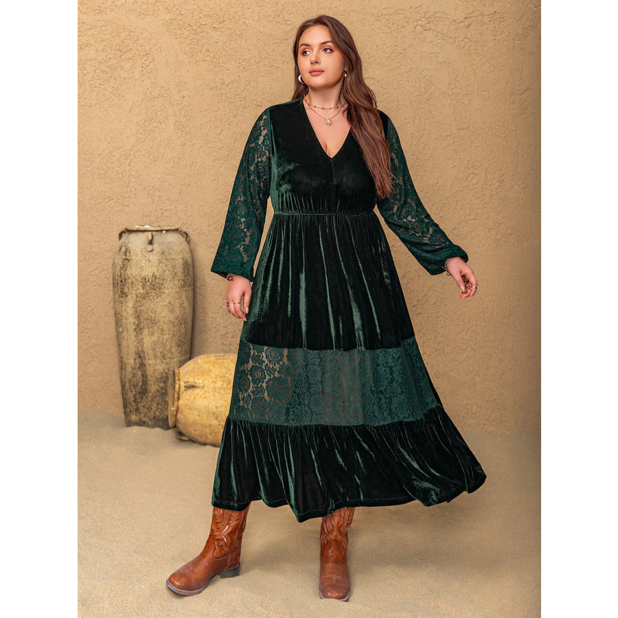 Plus Size Lace Patchwork V-Neck Balloon Sleeve Midi Dress Apparel and Accessories