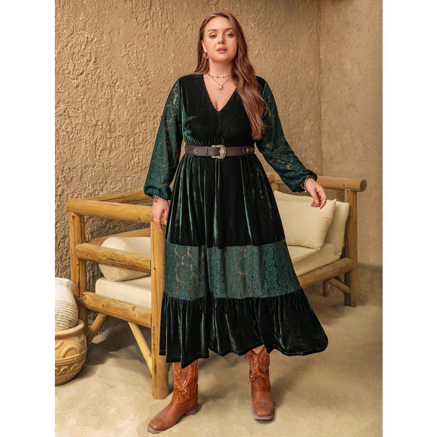 Plus Size Lace Patchwork V-Neck Balloon Sleeve Midi Dress Apparel and Accessories