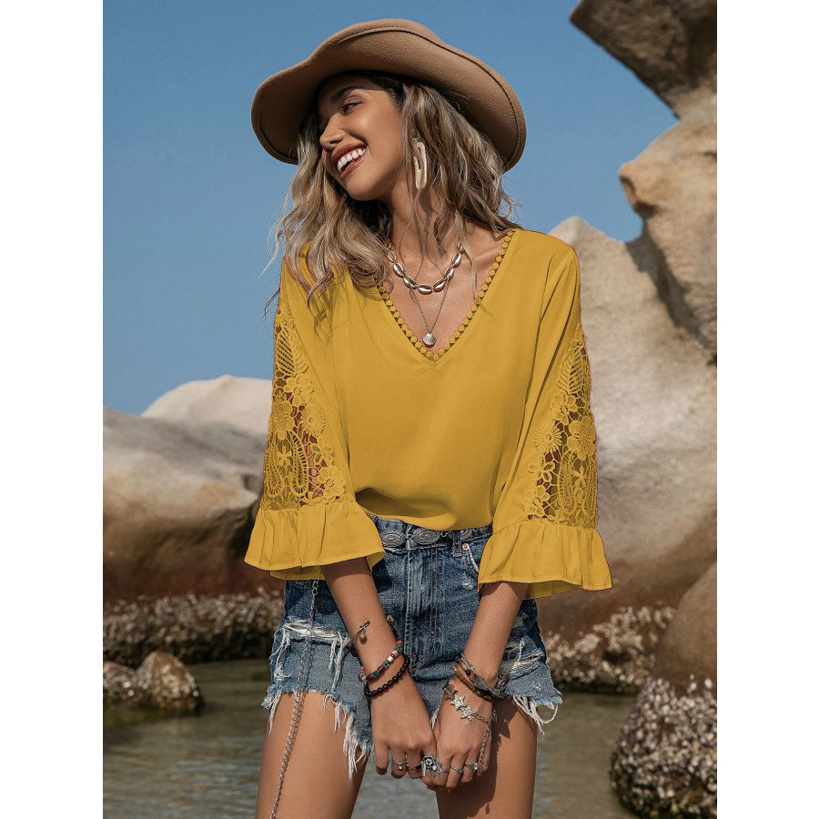 Plus Size Lace Sleeve V-Neck Blouse Apparel and Accessories