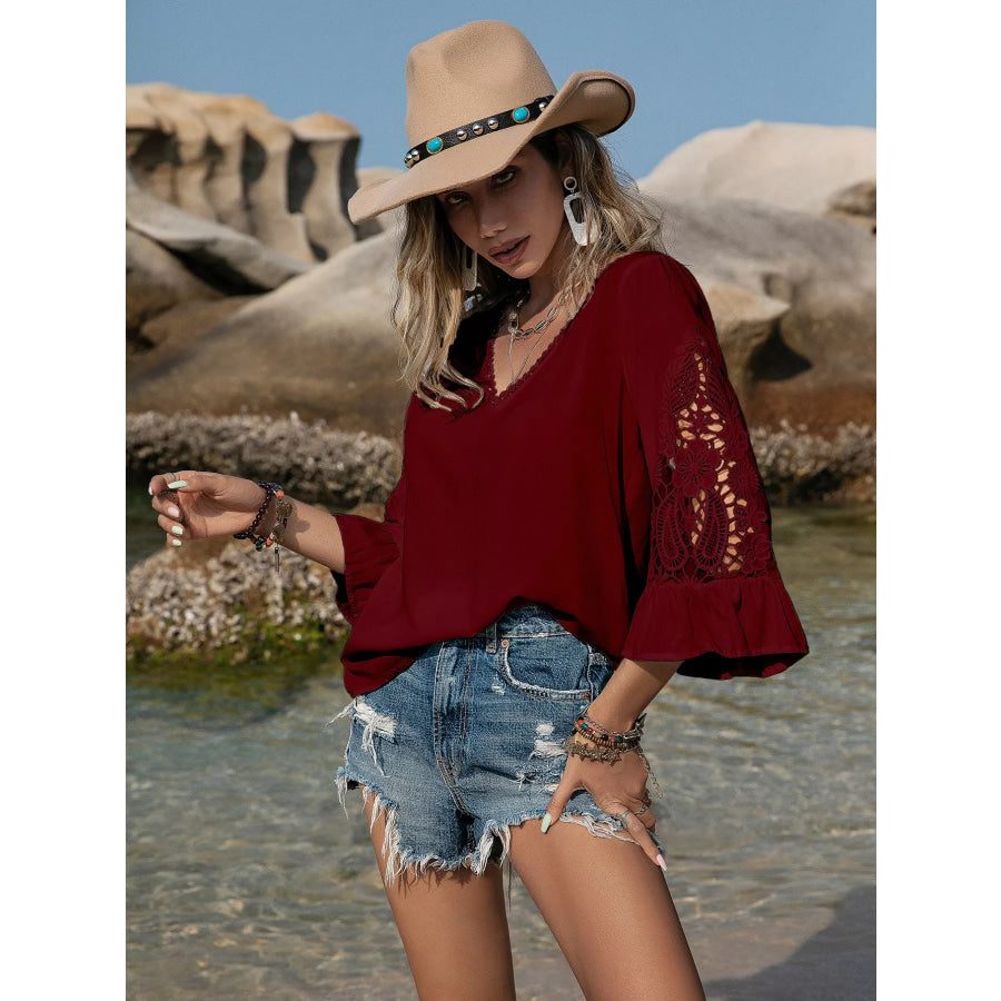 Plus Size Lace Sleeve V-Neck Blouse Apparel and Accessories