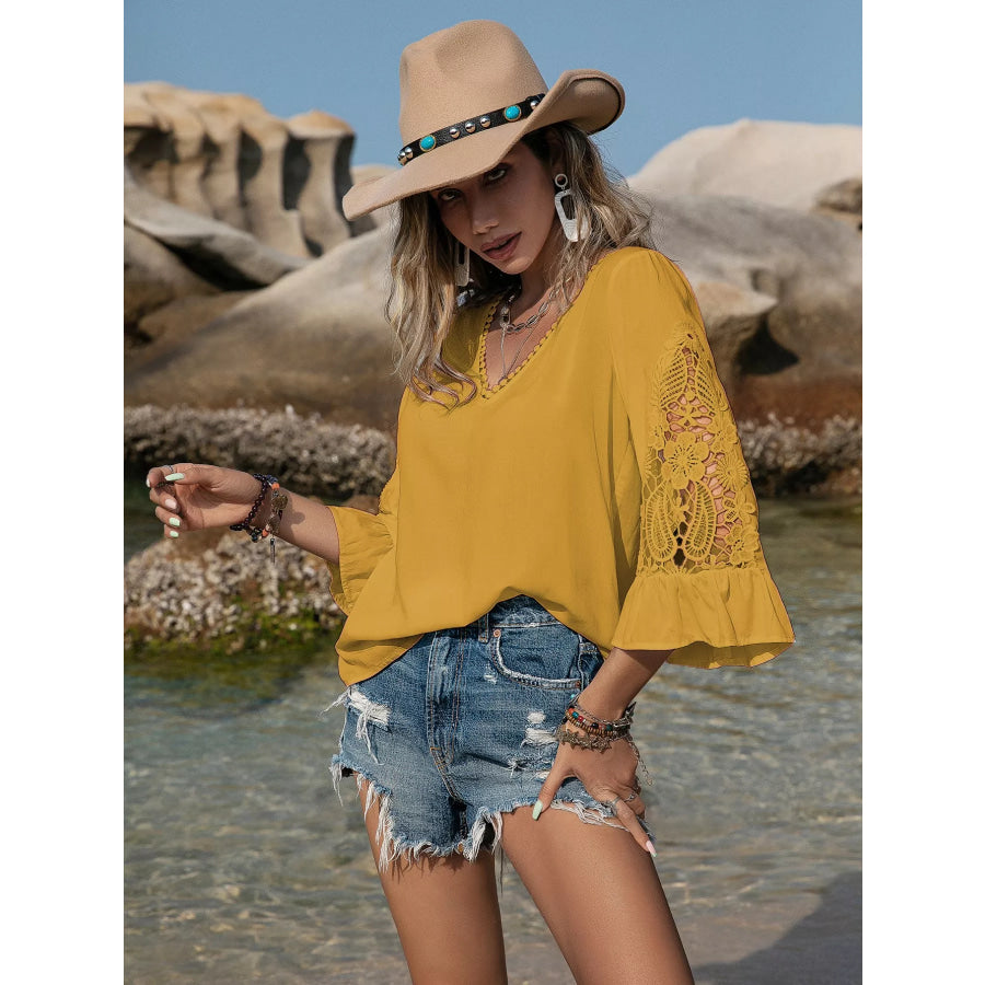 Plus Size Lace Sleeve V-Neck Blouse Apparel and Accessories