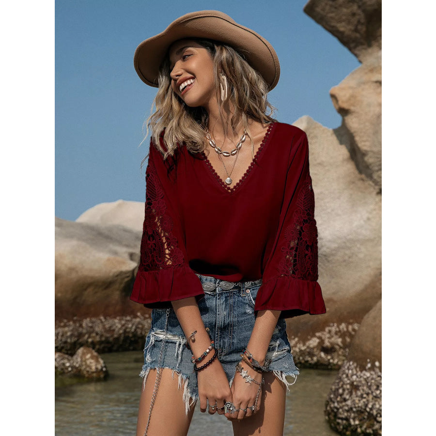 Plus Size Lace Sleeve V-Neck Blouse Apparel and Accessories