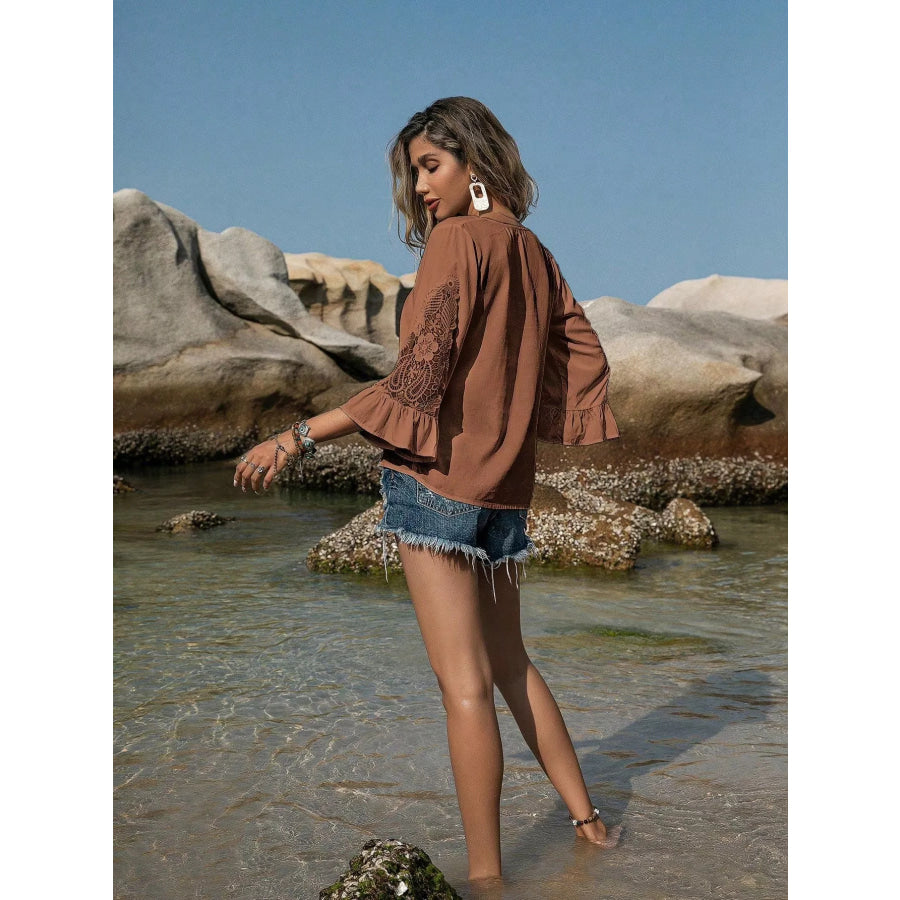 Plus Size Lace Sleeve V-Neck Blouse Apparel and Accessories