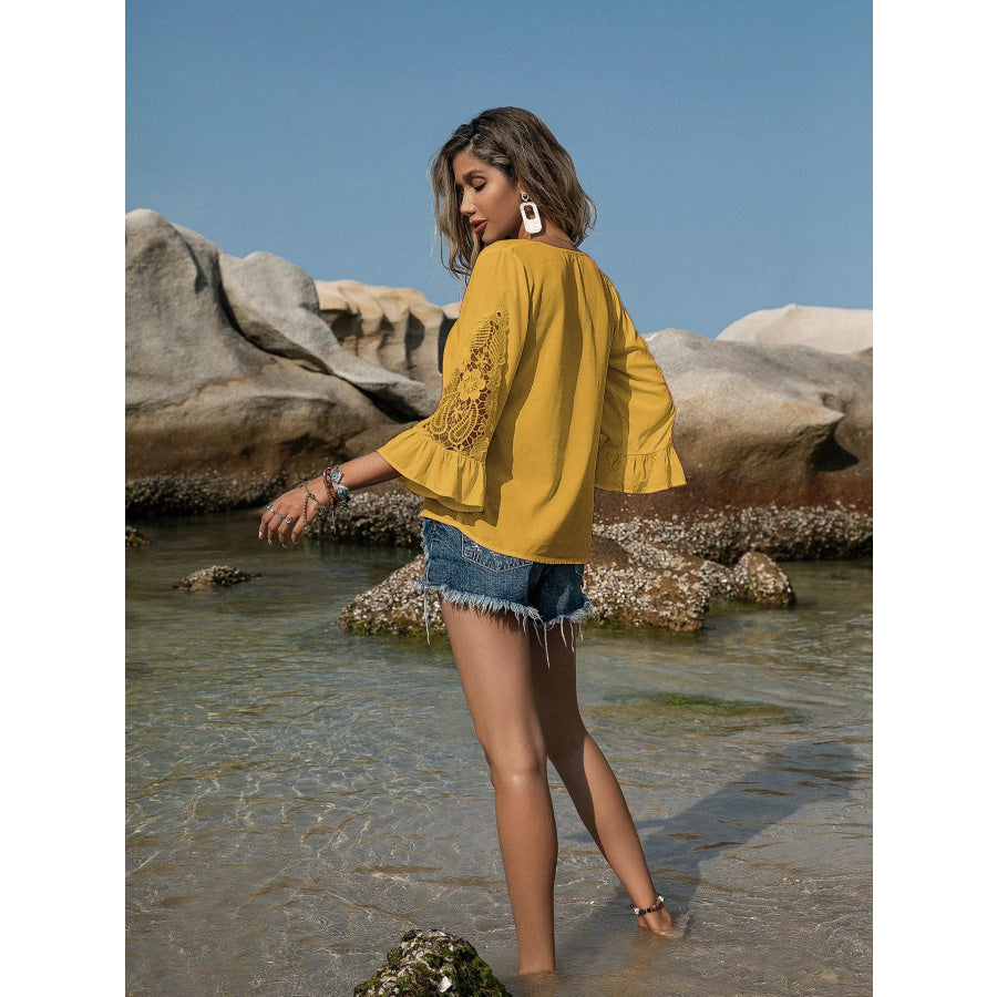 Plus Size Lace Sleeve V-Neck Blouse Apparel and Accessories