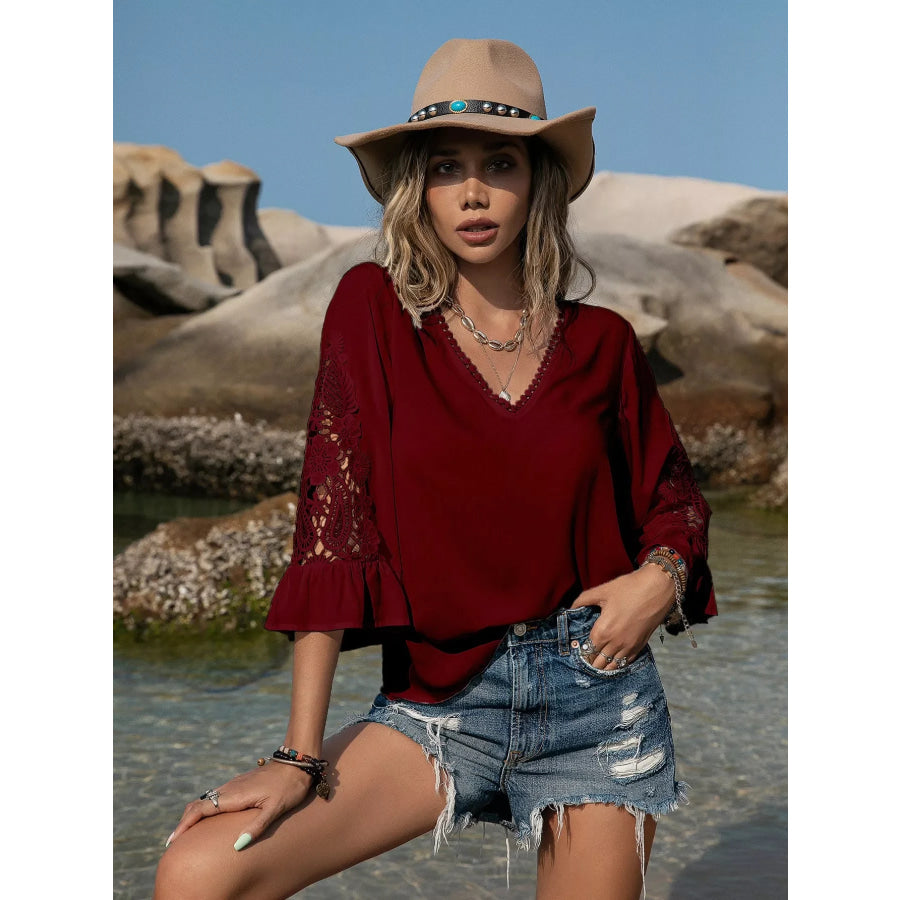 Plus Size Lace Sleeve V-Neck Blouse Burgundy / 0XL Apparel and Accessories