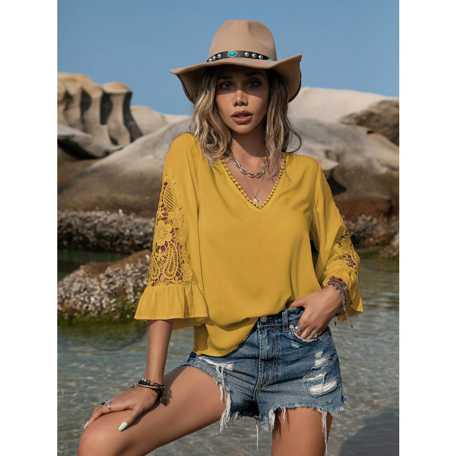 Plus Size Lace Sleeve V-Neck Blouse Mustard / 0XL Apparel and Accessories