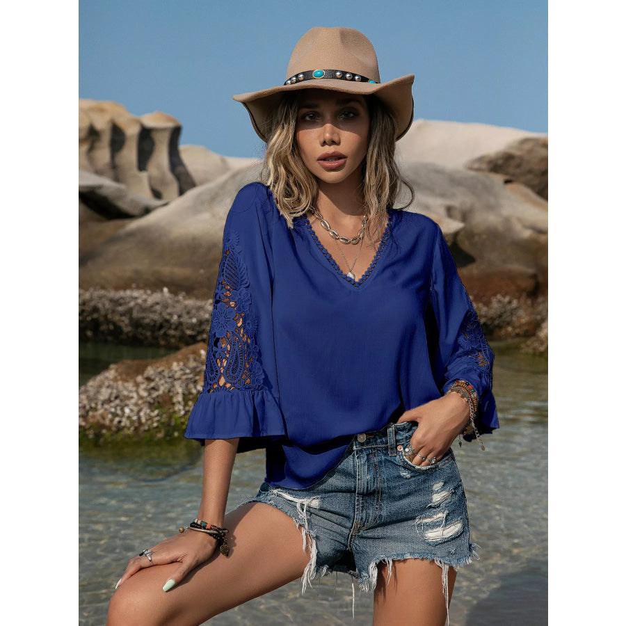 Plus Size Lace Sleeve V-Neck Blouse Royal Blue / 0XL Apparel and Accessories