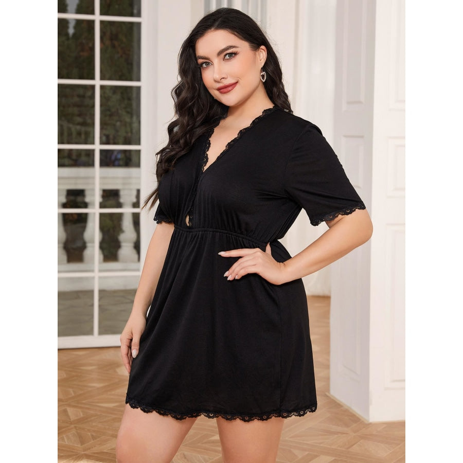 Plus Size Lace Trim Deep V Night Dress