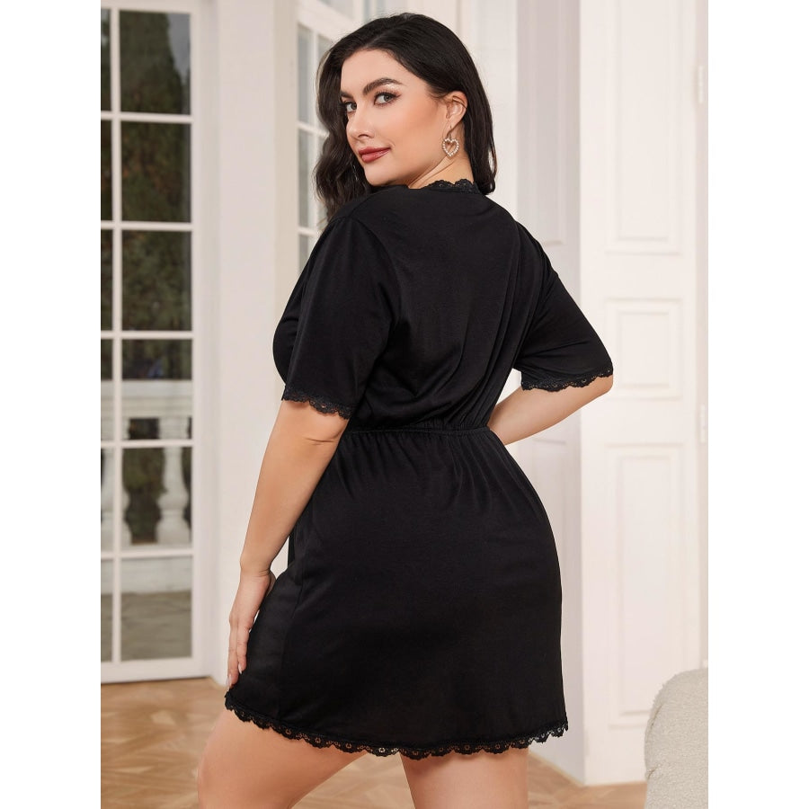 Plus Size Lace Trim Deep V Night Dress