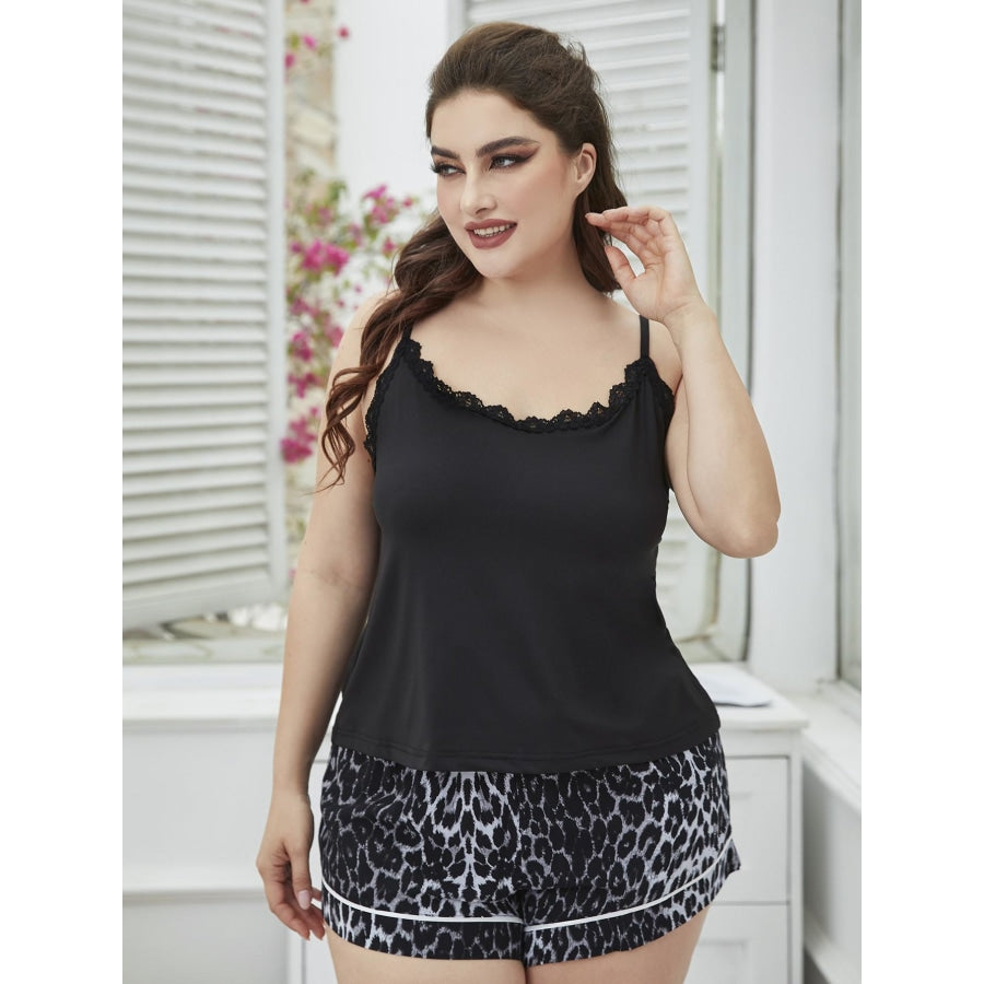 Plus Size Lace Trim Scoop Neck Cami and Printed Shorts Pajama Set