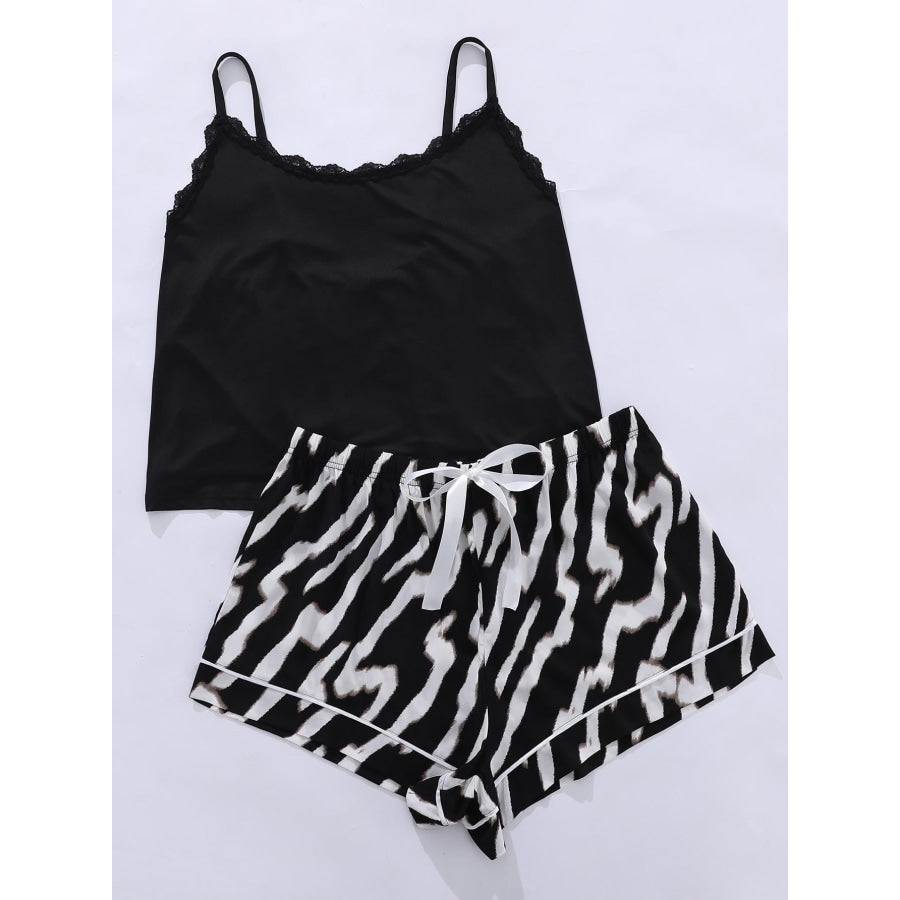 Plus Size Lace Trim Scoop Neck Cami and Printed Shorts Pajama Set Zebra / 1XL