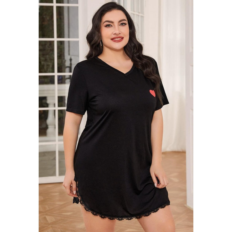 Plus Size Lace Trim V-Neck Short Sleeve Night Dress Black / 0XL