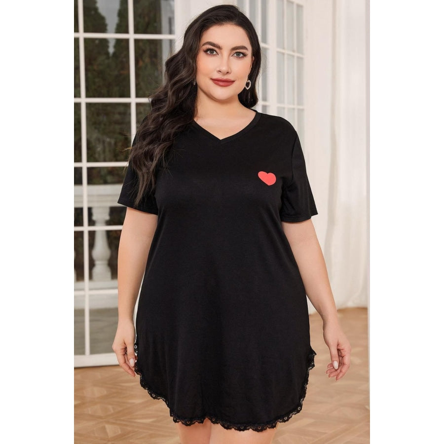 Plus Size Lace Trim V-Neck Short Sleeve Night Dress Black / 0XL