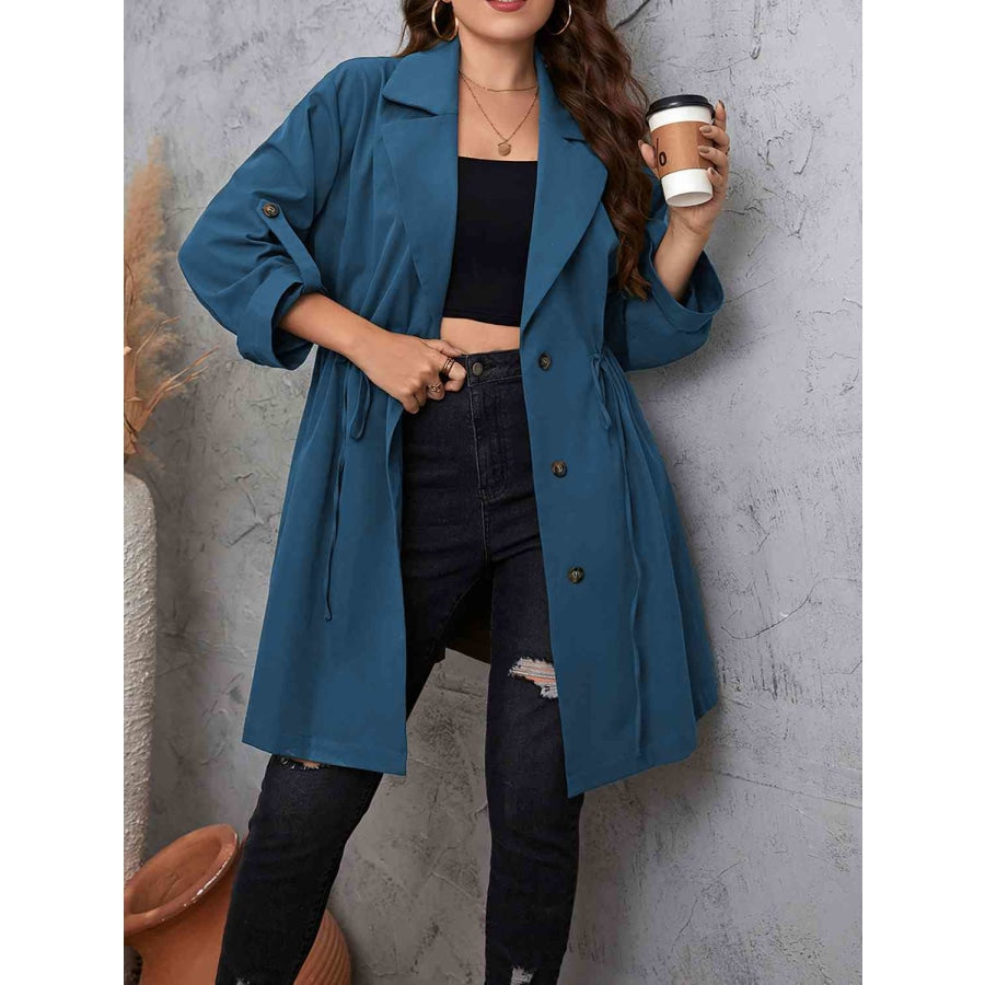 Plus Size Lapel Collar Drawstring Roll-Tab Sleeve Trench Coat Dusty Blue / 1XL