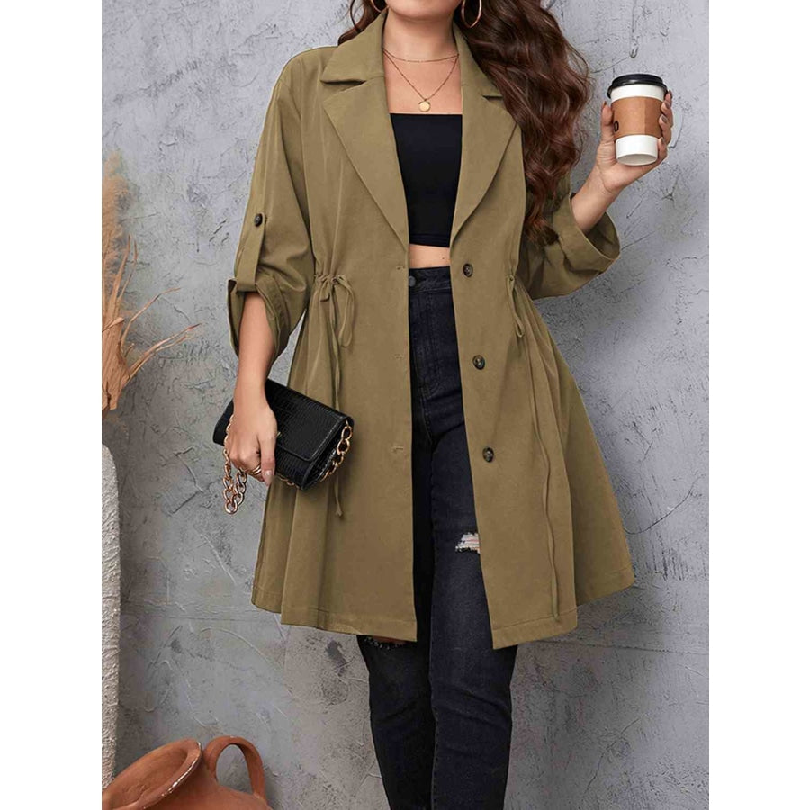 Plus Size Lapel Collar Drawstring Roll-Tab Sleeve Trench Coat Mocha / 1XL