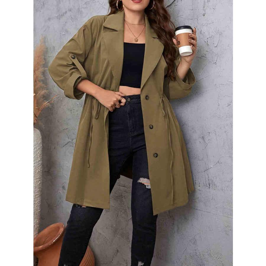 Plus Size Lapel Collar Drawstring Roll-Tab Sleeve Trench Coat