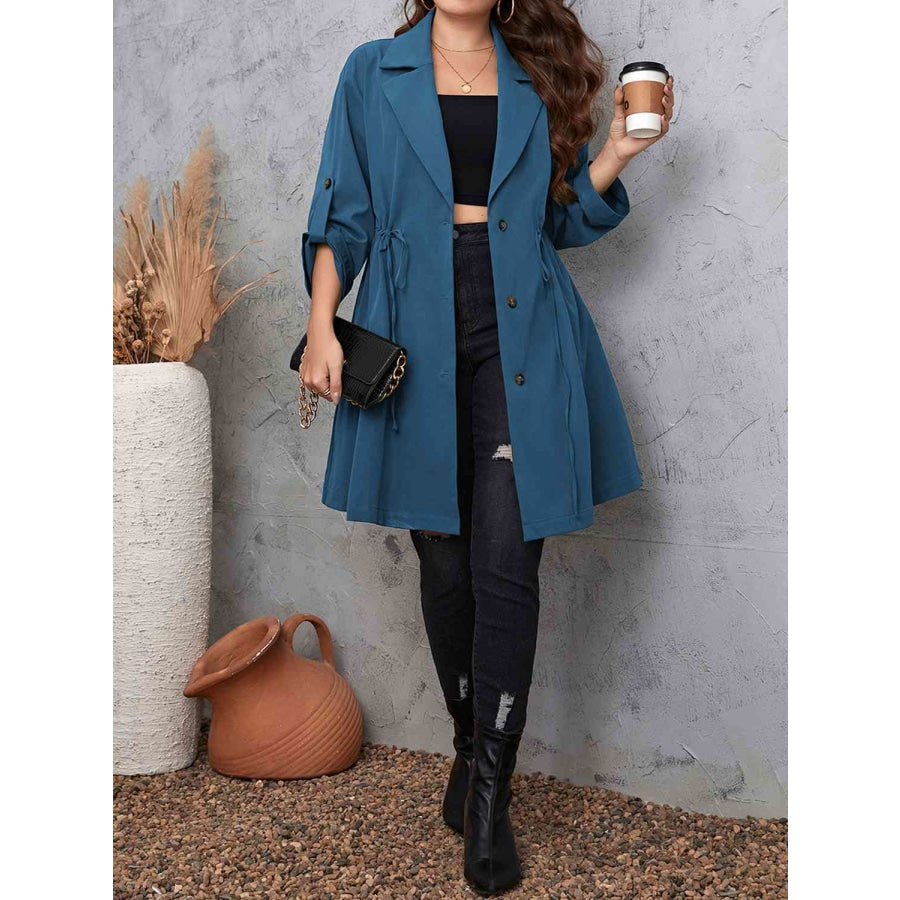 Plus Size Lapel Collar Drawstring Roll-Tab Sleeve Trench Coat