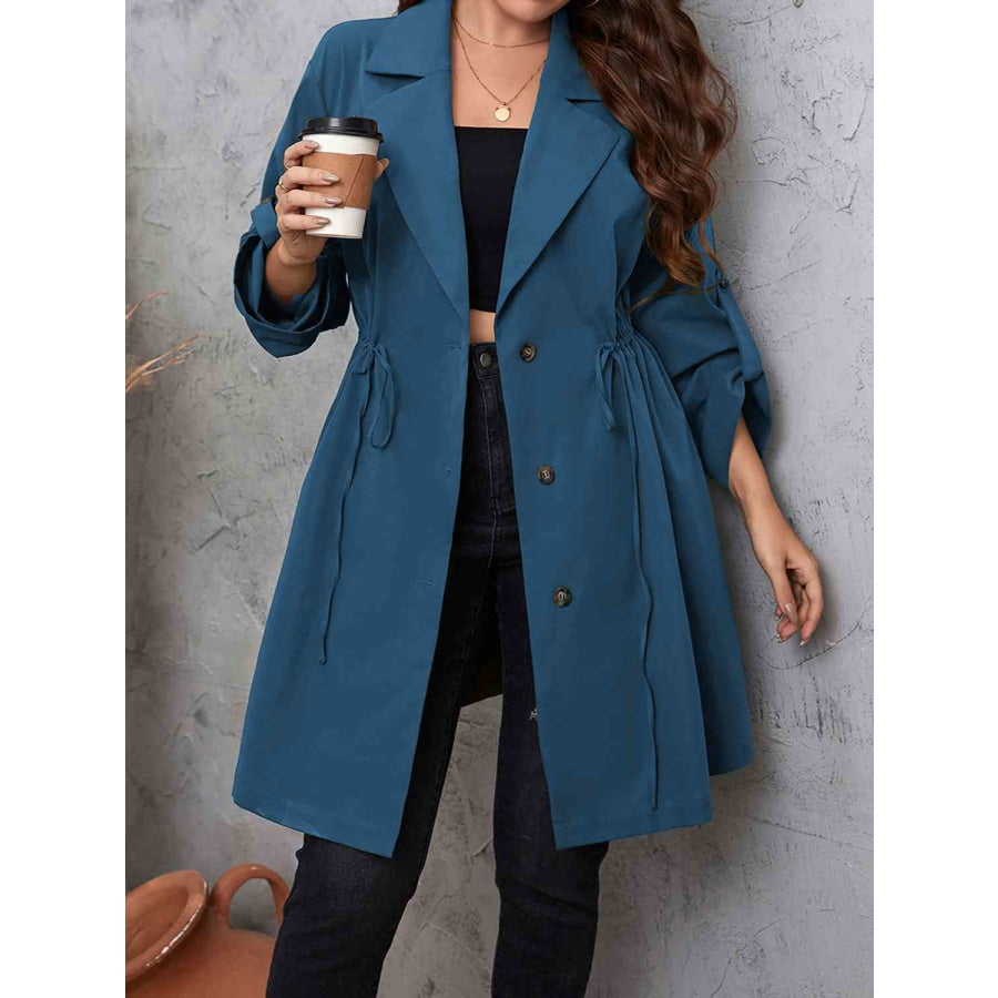 Plus Size Lapel Collar Drawstring Roll-Tab Sleeve Trench Coat