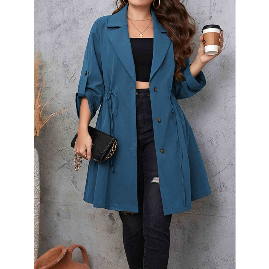 Plus Size Lapel Collar Drawstring Roll-Tab Sleeve Trench Coat