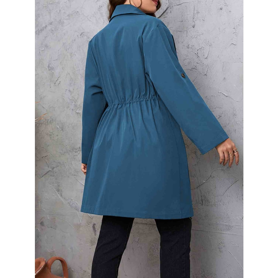 Plus Size Lapel Collar Drawstring Roll-Tab Sleeve Trench Coat