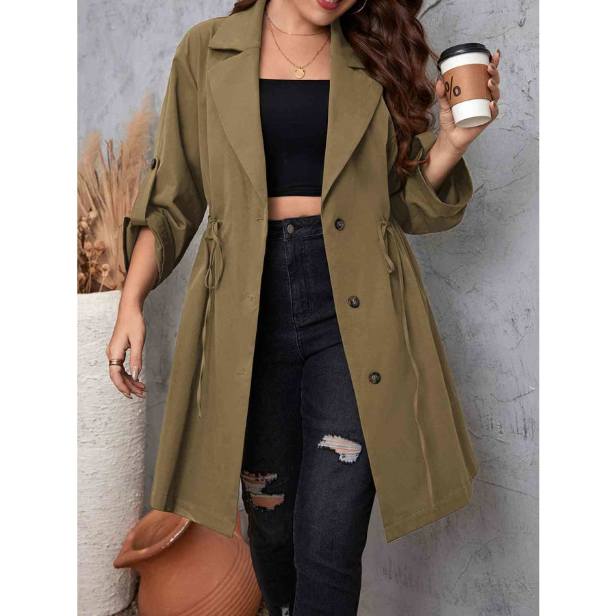 Plus Size Lapel Collar Drawstring Roll-Tab Sleeve Trench Coat