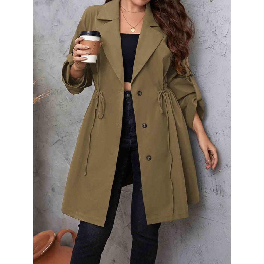 Plus Size Lapel Collar Drawstring Roll-Tab Sleeve Trench Coat