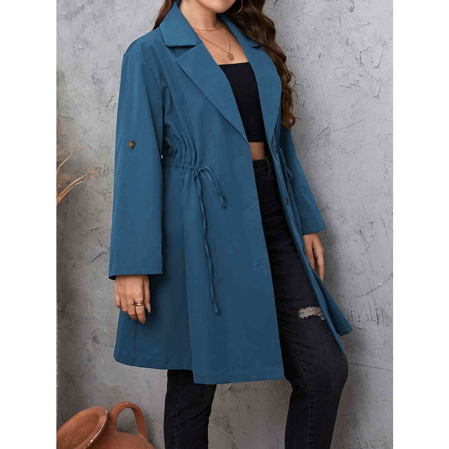 Plus Size Lapel Collar Drawstring Roll-Tab Sleeve Trench Coat