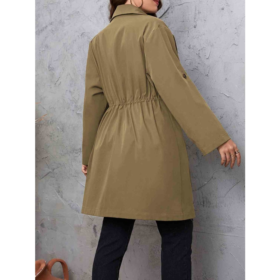 Plus Size Lapel Collar Drawstring Roll-Tab Sleeve Trench Coat