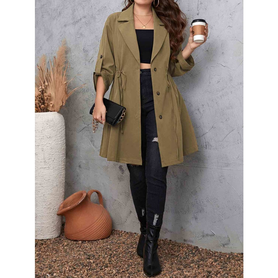 Plus Size Lapel Collar Drawstring Roll-Tab Sleeve Trench Coat