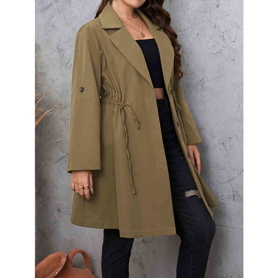 Plus Size Lapel Collar Drawstring Roll-Tab Sleeve Trench Coat