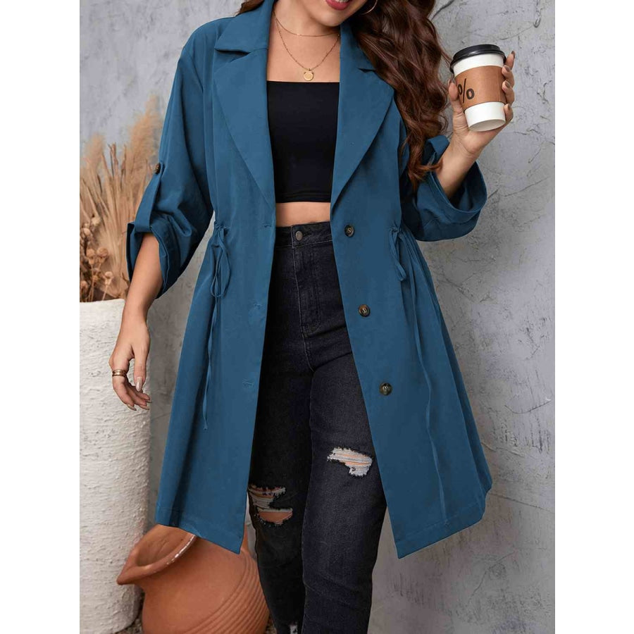 Plus Size Lapel Collar Drawstring Roll-Tab Sleeve Trench Coat