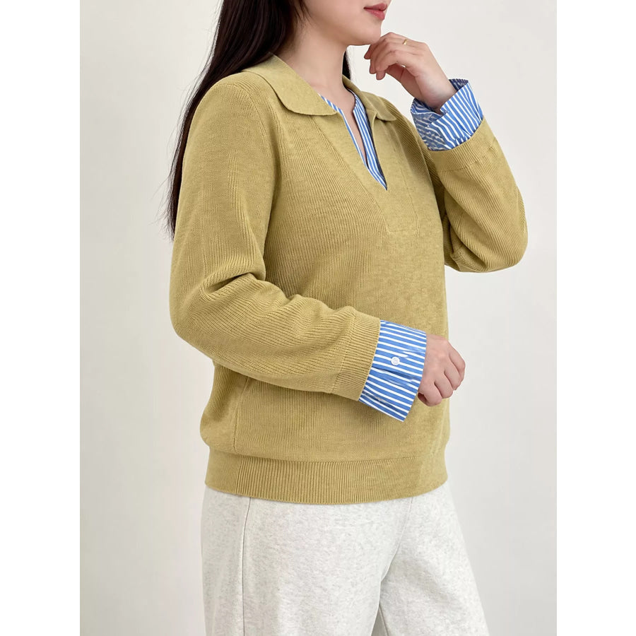 Plus Size Layered Look Striped Long Sleeve Sweater Apparel and Accessories