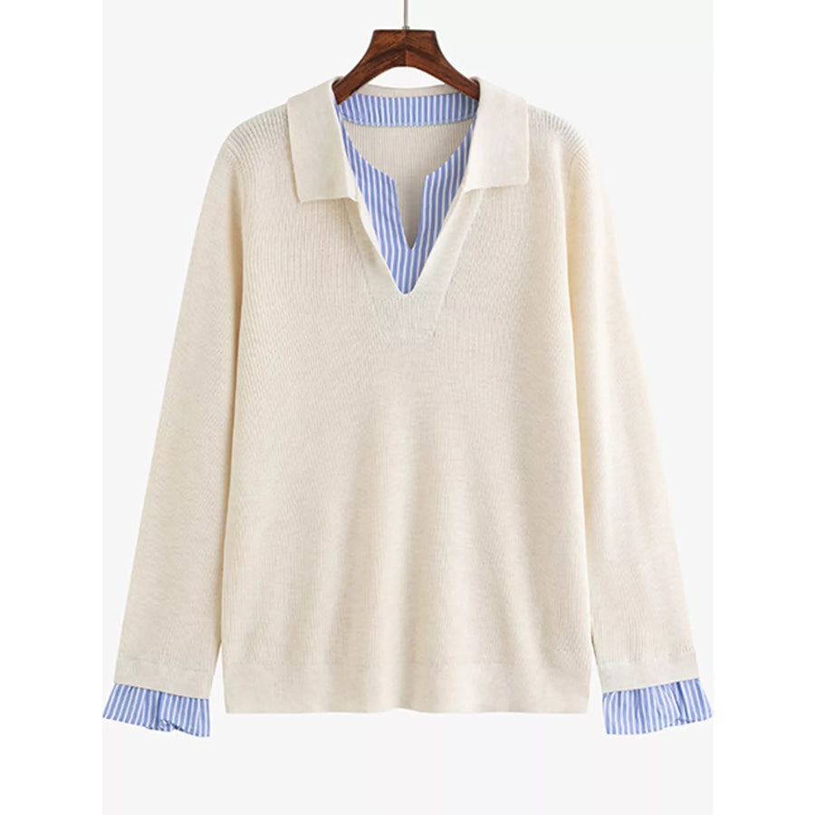 Plus Size Layered Look Striped Long Sleeve Sweater Apparel and Accessories