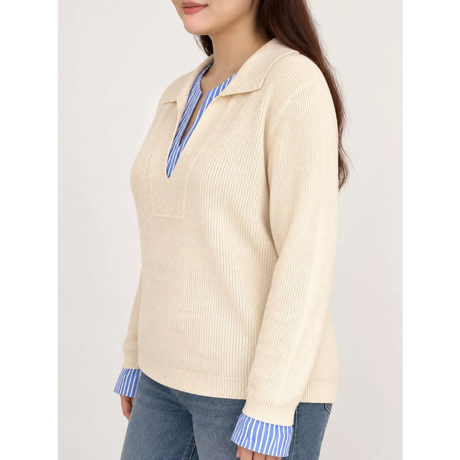 Plus Size Layered Look Striped Long Sleeve Sweater Apparel and Accessories